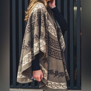 Mocha & Tan Geometric Curved-Hem Ruana